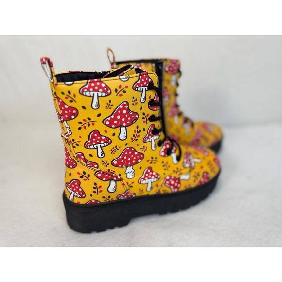 Yoki Yellow Red Mushroom Boots Vegan Leather Lug Sole Combat Size 6 - Picture 6 of 9